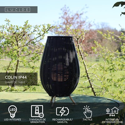 Lucide COLIN IP44 - Lampe de table Rechargeable Intérieur/Extérieur - Batterie/Piles - LED 3 StepDim - 1x3W 3000K - IP44 - Noir